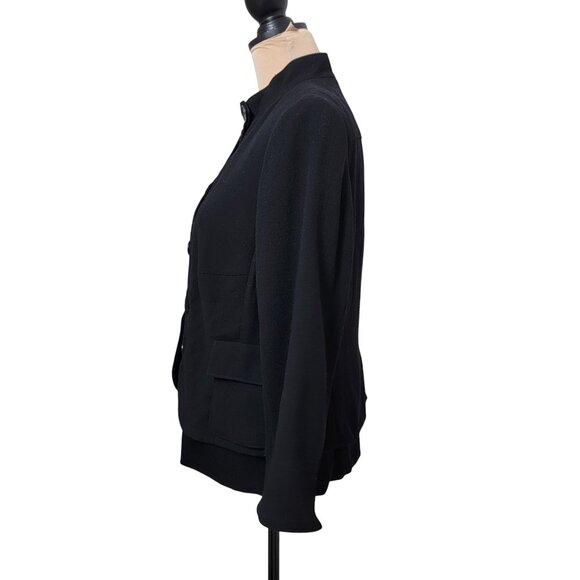 AKRIS punto Size 14 Black Button Up Mandarin Collar Ribbed Wool Crepe Jacket - Picture 2 of 14